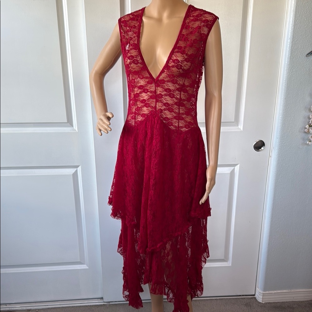 VINTAGE 90s ❤️‍🔥 vamp goth very sheer red lace deep V layered dress S M